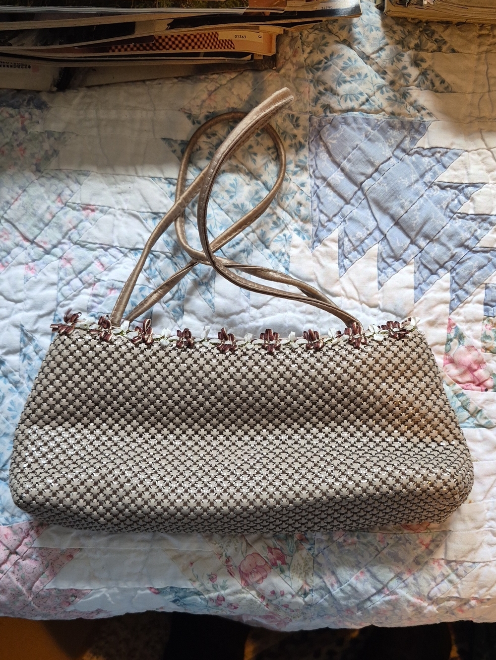 Woven Metallic Taupe Shoulder Bag with Double Straps